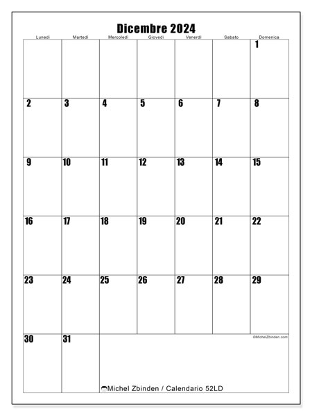 Calendario dicembre 2024 “52”. Calendario da stampare gratuito.. Da lunedì a domenica
