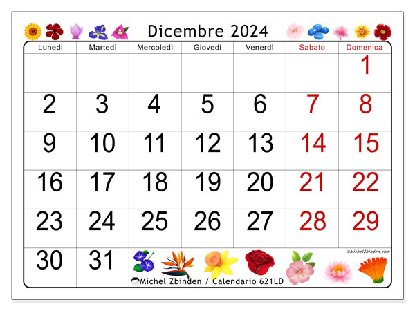 Calendario dicembre 2024 “621”. Orario da stampare gratuito.. Da lunedì a domenica