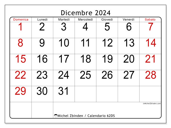 Calendario dicembre 2024 “62”. Calendario da stampare gratuito.. Da domenica a sabato