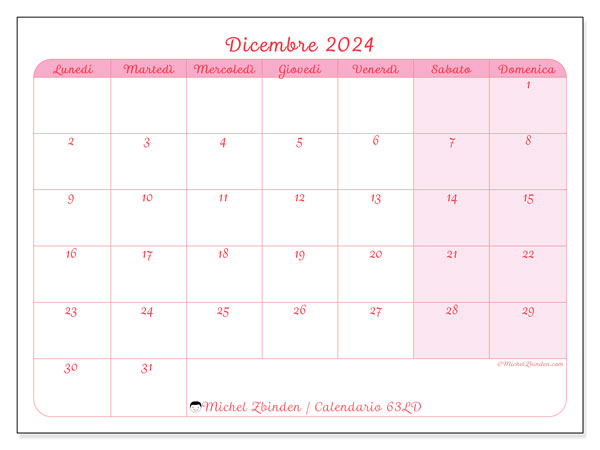 Calendario da stampare, dicembre 2024, 63LD