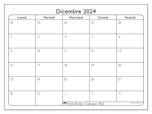 Calendario dicembre 2024, 74DS. Programma da stampare gratuito.