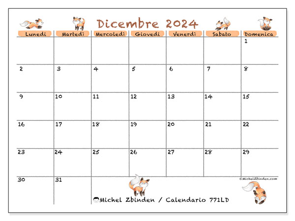Calendario dicembre 2024 “771”. Calendario da stampare gratuito.. Da lunedì a domenica