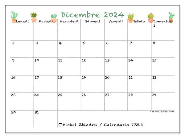 Calendario dicembre 2024 “772”. Piano da stampare gratuito.. Da lunedì a domenica