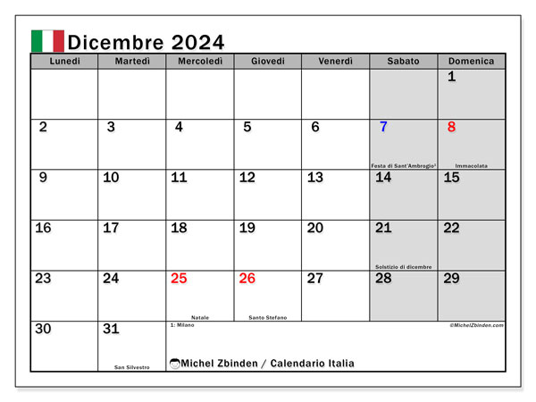 Calendario dicembre 2024 “Italia”. Orario da stampare gratuito.. Da lunedì a domenica