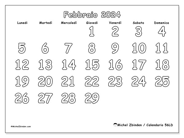 Calendario da stampare, febbraio 2024, 56LD