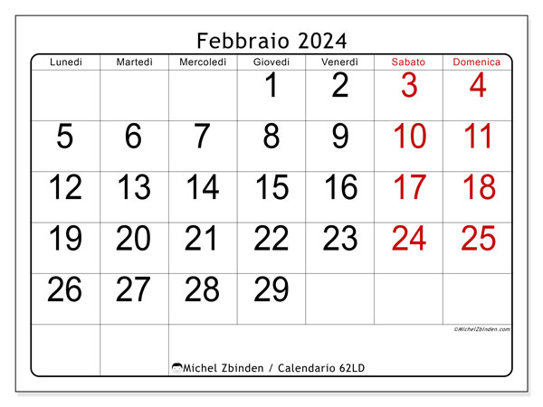 Calendario da stampare, febbraio 2024, 62LD