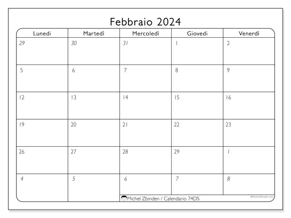 Calendario da stampare, febbraio 2024, 74LD