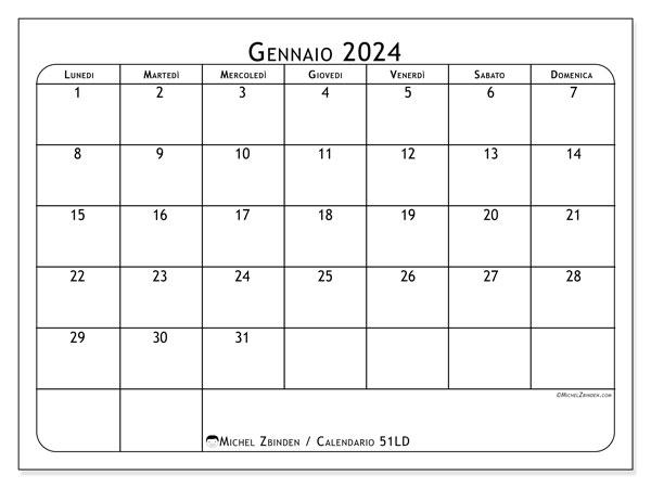 Calendario da stampare, gennaio 2024, 51LD