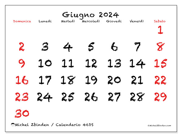 Calendario giugno 2024 “46”. Calendario da stampare gratuito.. Da domenica a sabato