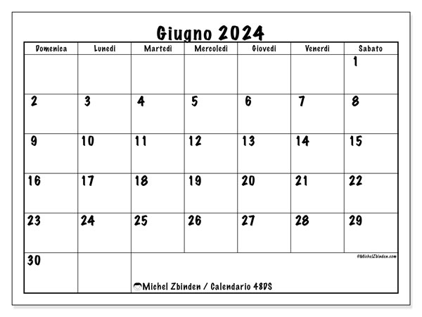 Calendario giugno 2024 “48”. Piano da stampare gratuito.. Da domenica a sabato