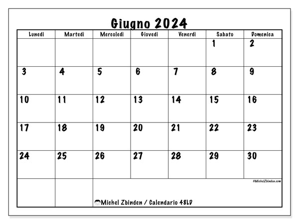 Calendario giugno 2024 “48”. Piano da stampare gratuito.. Da lunedì a domenica
