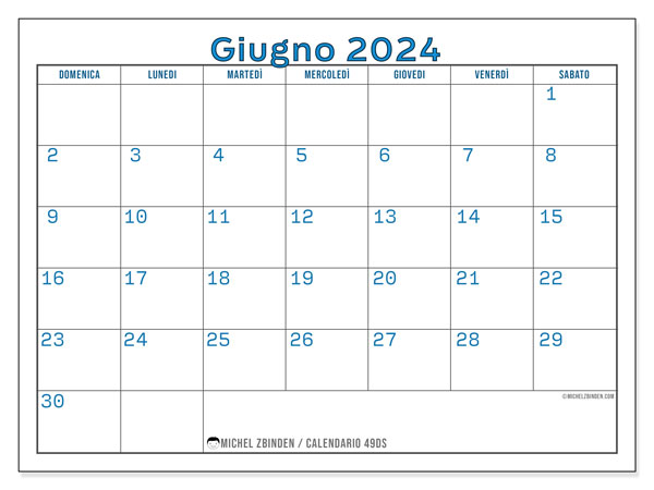 Calendario giugno 2024 “49”. Calendario da stampare gratuito.. Da domenica a sabato
