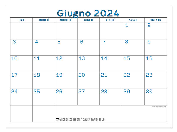 Calendario giugno 2024 “49”. Calendario da stampare gratuito.. Da lunedì a domenica