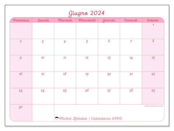 Calendario giugno 2024 “63”. Piano da stampare gratuito.. Da domenica a sabato