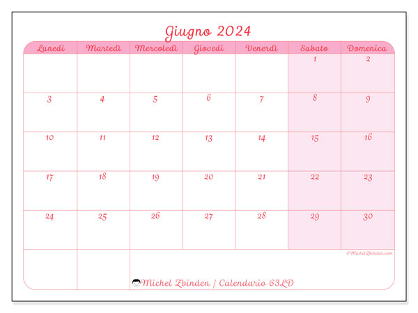 Calendario giugno 2024 “63”. Piano da stampare gratuito.. Da lunedì a domenica