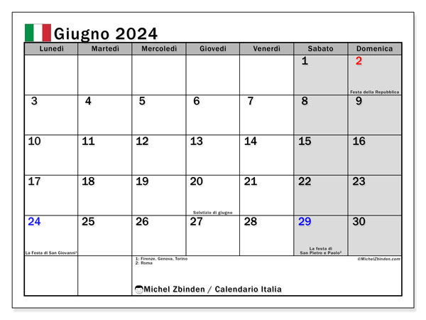 Kalendarz czerwiec 2024, Włochy (IT). Darmowy dziennik do druku.