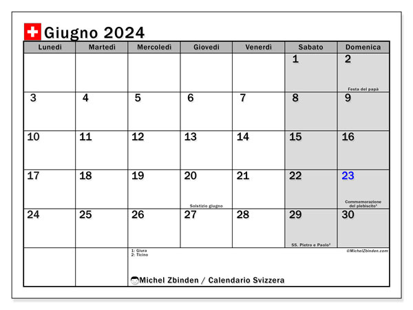 Calendario giugno 2024 “Svizzera”. Calendario da stampare gratuito.. Da lunedì a domenica