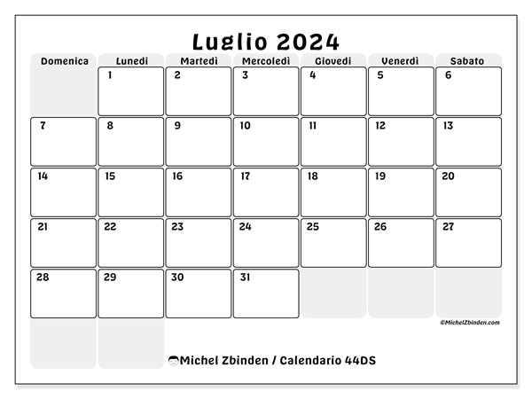 Calendario luglio 2024 “44”. Programma da stampare gratuito.. Da domenica a sabato