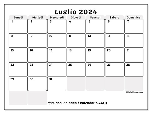 Calendario luglio 2024 “44”. Programma da stampare gratuito.. Da lunedì a domenica