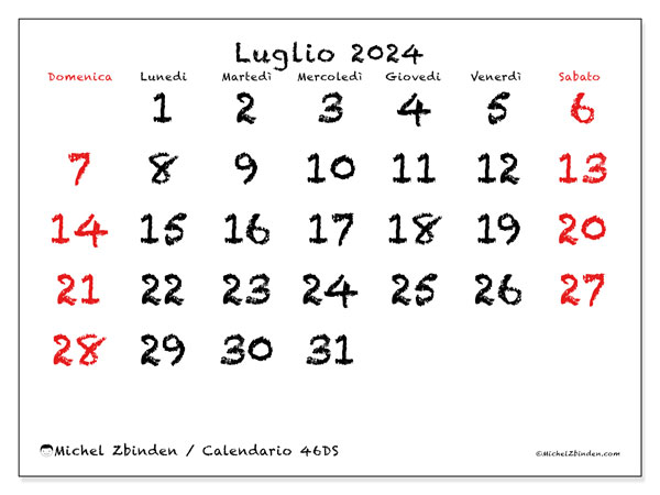 Calendario luglio 2024 “46”. Programma da stampare gratuito.. Da domenica a sabato
