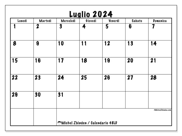 Calendario luglio 2024 “48”. Programma da stampare gratuito.. Da lunedì a domenica