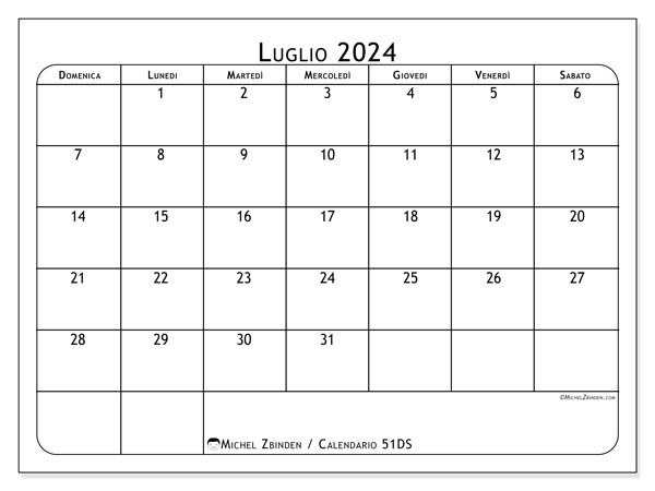 Calendario luglio 2024 “51”. Programma da stampare gratuito.. Da domenica a sabato