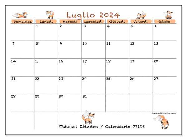 Calendario luglio 2024 “771”. Piano da stampare gratuito.. Da domenica a sabato