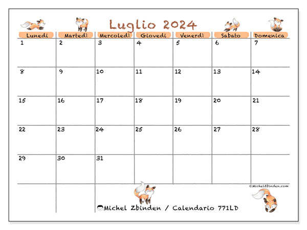 Calendario luglio 2024 “771”. Piano da stampare gratuito.. Da lunedì a domenica