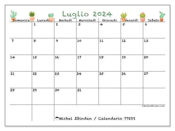 Calendario luglio 2024 “772”. Calendario da stampare gratuito.. Da domenica a sabato