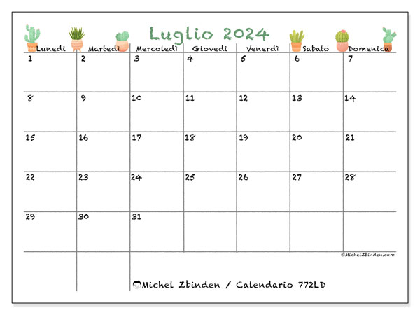 Calendario luglio 2024 “772”. Calendario da stampare gratuito.. Da lunedì a domenica