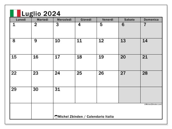 Calendario luglio 2024 “Italia”. Orario da stampare gratuito.. Da lunedì a domenica