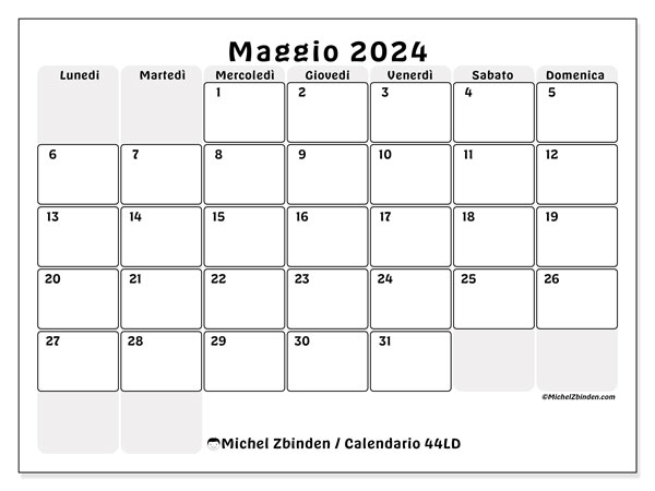 Calendario maggio 2024 “44”. Calendario da stampare gratuito.. Da lunedì a domenica