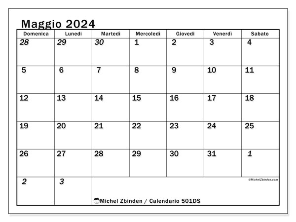 Calendario maggio 2024 “501”. Piano da stampare gratuito.. Da domenica a sabato
