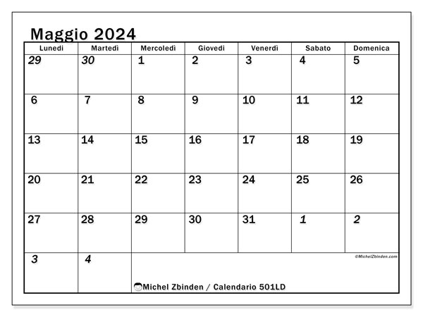 Calendario maggio 2024 “501”. Piano da stampare gratuito.. Da lunedì a domenica