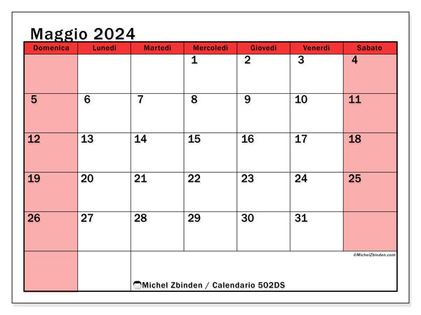 Calendario maggio 2024 “502”. Calendario da stampare gratuito.. Da domenica a sabato