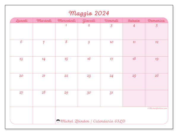 Calendario da stampare, maggio 2024, 63LD