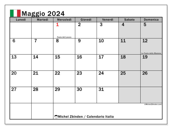 Kalendarz maj 2024, Włochy (IT). Darmowy dziennik do druku.