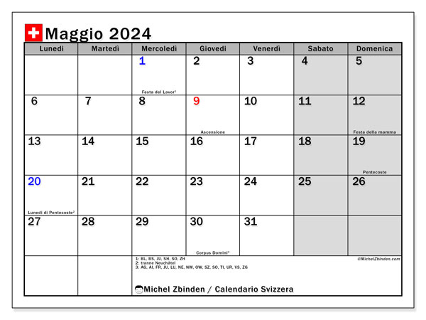 Calendario maggio 2024, Svizzera. Piano da stampare gratuito.