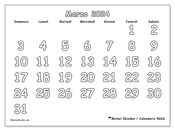 Calendario da stampare, marzo 2024, 56DS
