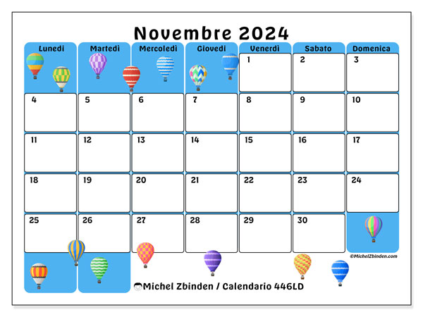 Calendario novembre 2024 “446”. Programma da stampare gratuito.. Da lunedì a domenica