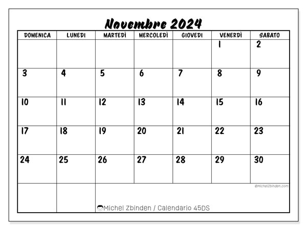 Calendario novembre 2024 “45”. Programma da stampare gratuito.. Da domenica a sabato