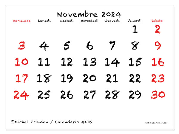 Calendario novembre 2024 “46”. Piano da stampare gratuito.. Da domenica a sabato