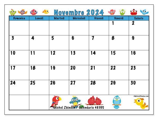 Calendario novembre 2024 “483”. Programma da stampare gratuito.. Da domenica a sabato