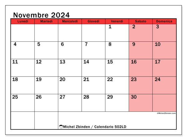 Calendario novembre 2024 “502”. Piano da stampare gratuito.. Da lunedì a domenica