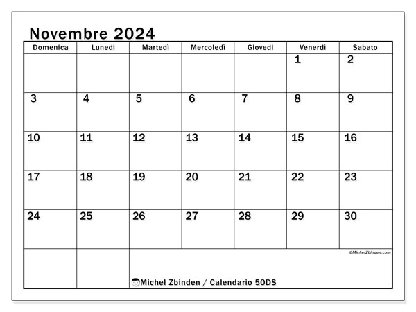 Calendario novembre 2024 “50”. Orario da stampare gratuito.. Da domenica a sabato