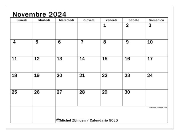 Calendario novembre 2024 “50”. Orario da stampare gratuito.. Da lunedì a domenica