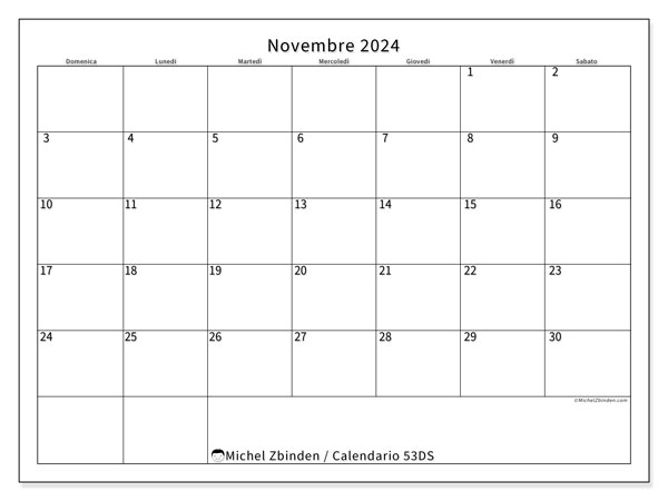 Calendario novembre 2024 “53”. Piano da stampare gratuito.. Da domenica a sabato