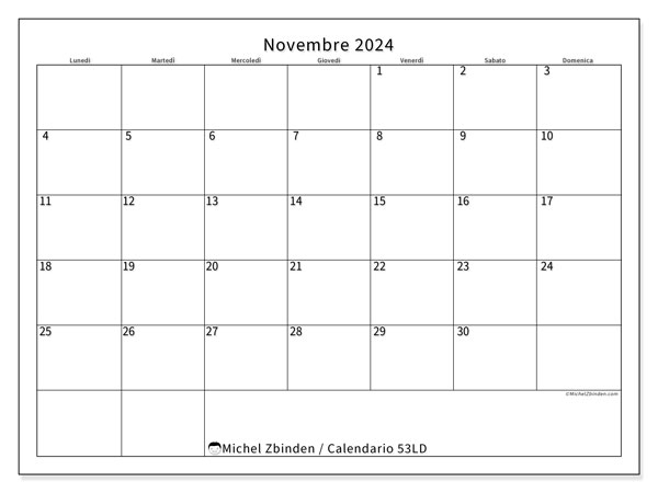 Calendario novembre 2024 “53”. Piano da stampare gratuito.. Da lunedì a domenica