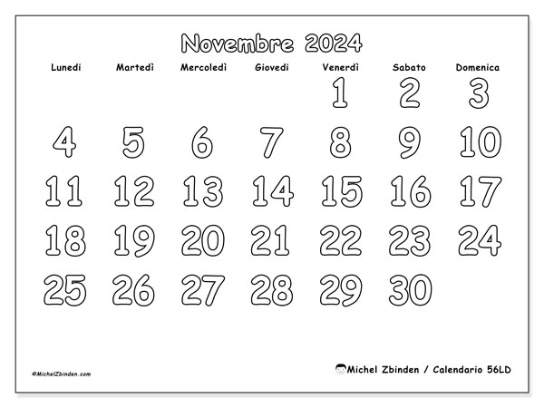 Calendario novembre 2024 “56”. Piano da stampare gratuito.. Da lunedì a domenica