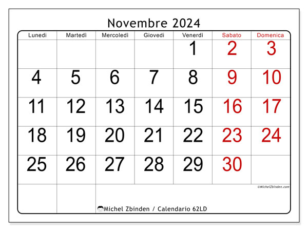 Calendario novembre 2024 “62”. Orario da stampare gratuito.. Da lunedì a domenica